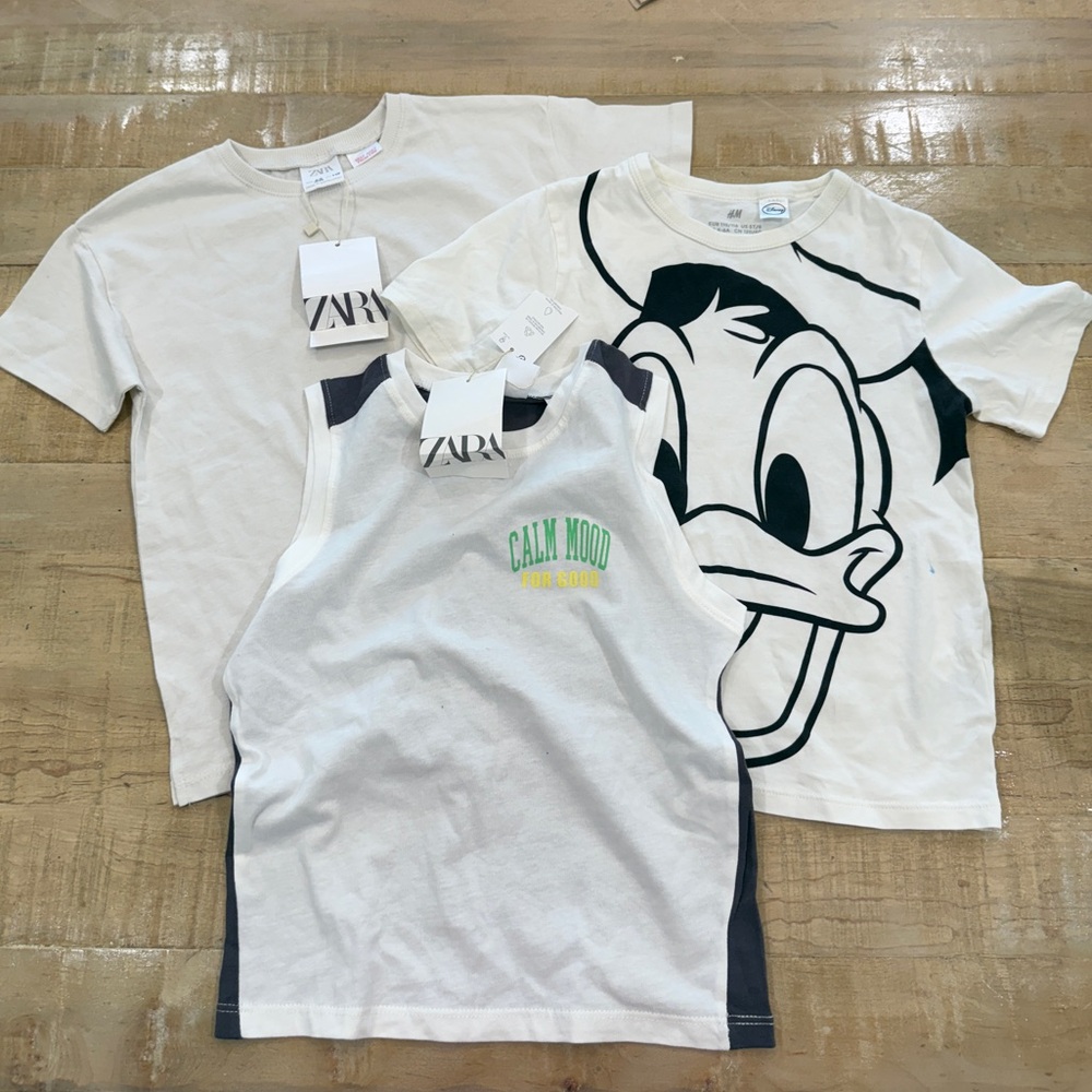 3 boys kids Zara H&M Disney Donald Duck white tee shirt tank top